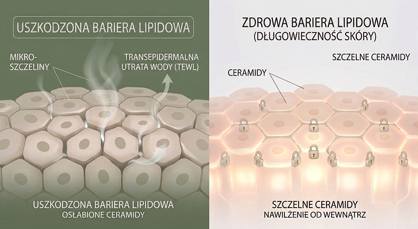 Uszkodzona a zdrowa bariera lipidowa naskórka